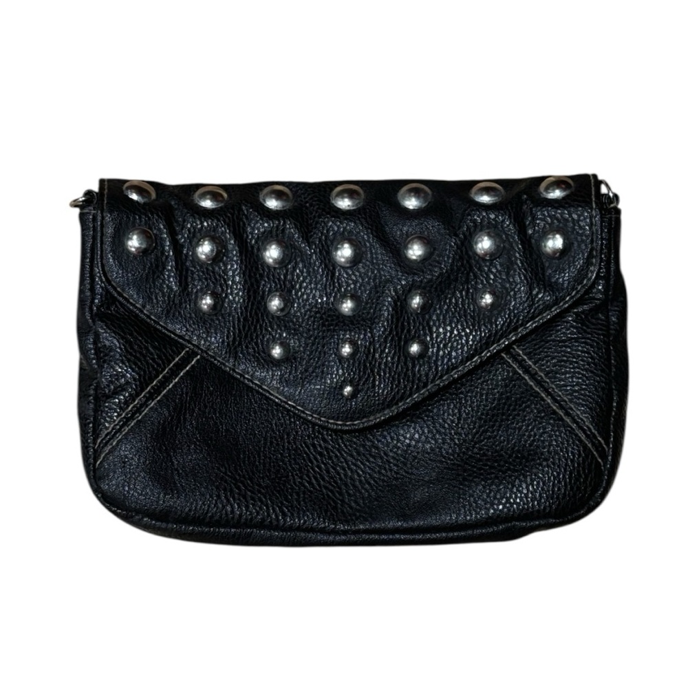 Faux Black Leather Round Silver Studded Soft Shell Clutch